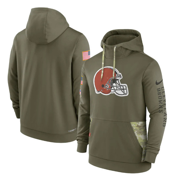 Men's Cleveland Browns 2022 Olive Salute to Service Therma Performance Pullover Hoodie
